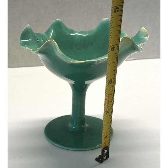Free Form Opalescent Green Ruffled Edge Pedestal Trinket Bowl Dessert Dish - Picture 4 of 10